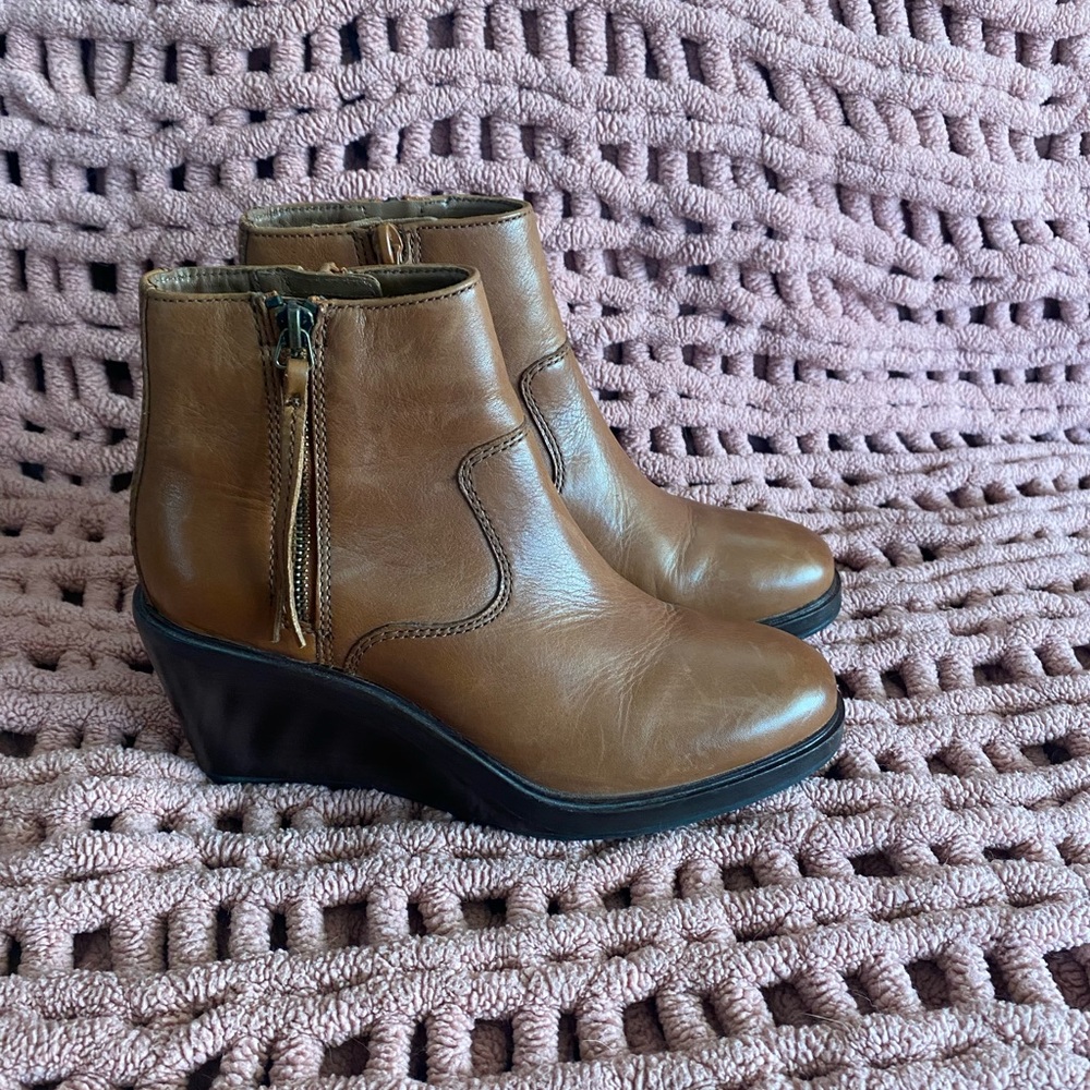Clarks Tan Brown Leather Wedge Ankle Boots